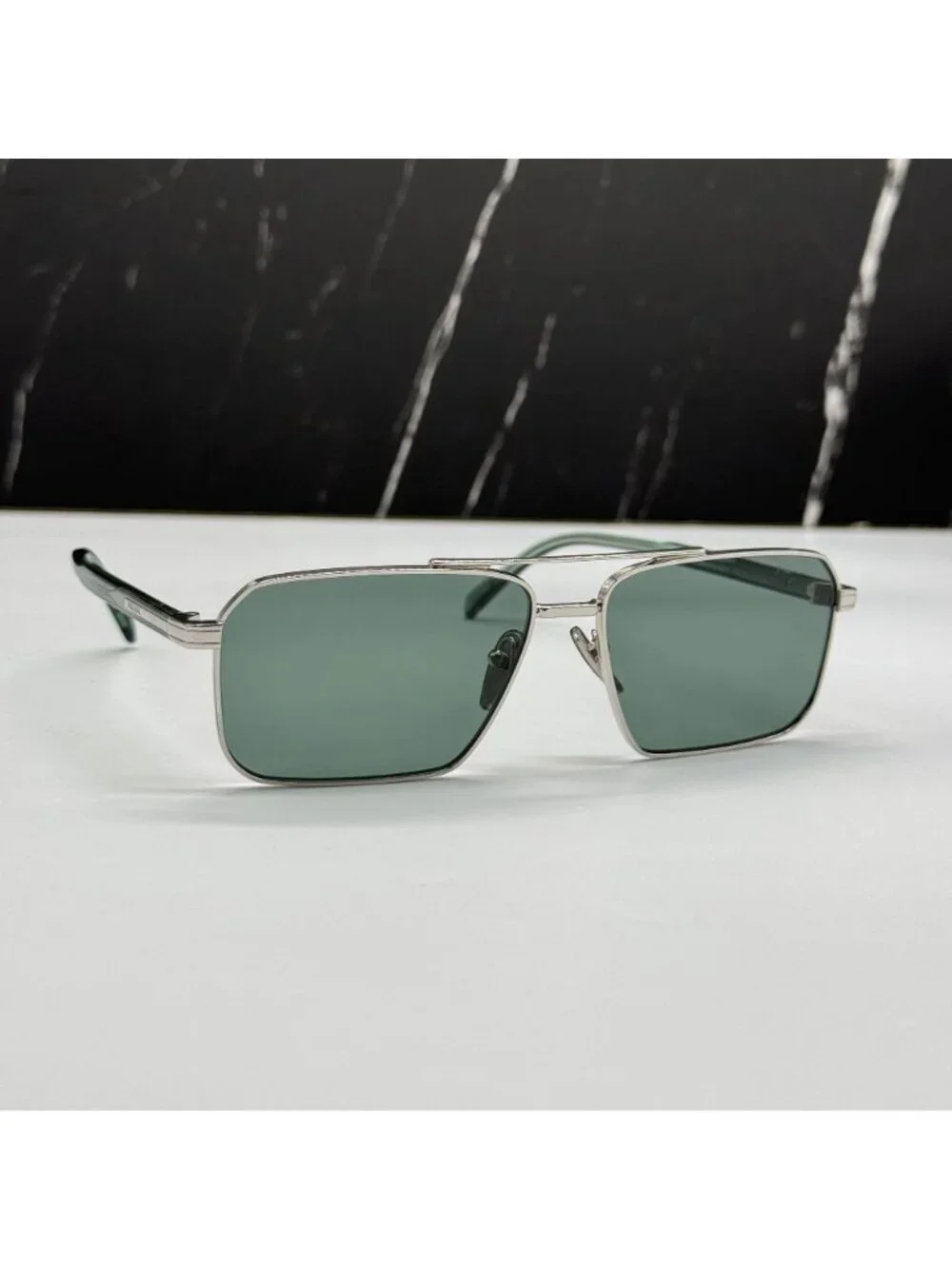 Prada PRA57S 1BC10G Unisex Square Silver Green Sunglasses Authentic NEW